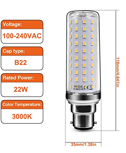 22W LED Light Bulbs, 180W Incandescent Bulbs Equivalent, B22d Bayonet Cap, 2500Lm, Warm White 3000K, Pack of 3 - Image 2