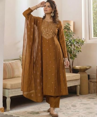 Image of ANNI Designer Women's Viscose Straight Printed Embroidery Kurta with Pant & Dupatta | Long Sleeve Ethnic Kurta Set for Women | Casual Office, Daily, Party Outfits