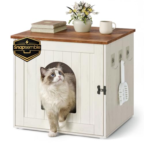 SONGMICS HOME Litter Box Enclosure Snapsemble Superfast Assembly Cat Litter Box Cabinet Cat Washroom with Hooks 55 x 50 x 50 cm Rustic White and Honey Brown PCL234WJ02