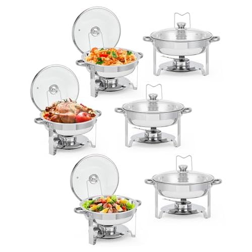 Garvee Chafing Dishes for Buffet Set of 6, 5 QT Round Buffet Servers and Food Warmer Set with Glass Lid, Holder & Drip Tray, Stainless Steel Chafers f