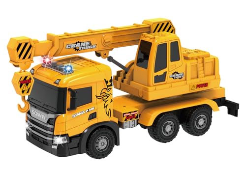 Cheerful Toys Großes Kranwagen Spielzeug Scania Kran-LWK Baustellen-Auto mit ausfahrbarem, 53cm Kran Licht & Sound für Kinder ab 3 4 5 6 7 8 Jahre, Gelb