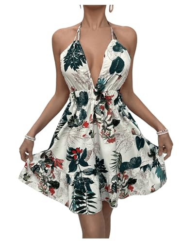 Image of SweatyRocks Women's Deep V Neck Halter Sleeveless Mini Dress Backless Boho Floral Print Ruffle Hem Flare Dresses