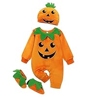 Générique Deguisement Citrouille Bébé Fille Garçon Citrouille Barboteuse Body Halloween Bebe et Chaussures Chapeau Déguisement Bébé Halloween 1-24 Mois