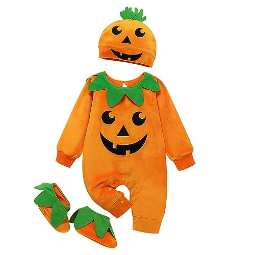Raopuzi Disfraz Halloween Bebe, Disfraz Calabaza Bebe, Lindos Disfraces Halloween para Niña y Niño, Body + Leotardos Rayas, Regalos Traje Calabaza Bebé 2 Piezas para Recien Nacido de 0-24 Meses