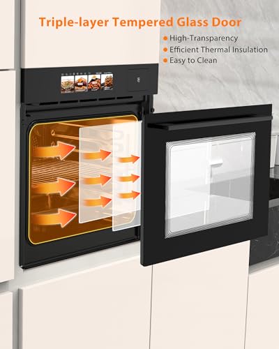 2.5Cu.f Single Wall Oven, 24" Built-In Electric Single Wall Oven with Tft Touch Display (8 Cooking Modes, 108 Smart Recipes), 3000W/240V Stainless Steel Convection Built-In Oven with Timer, Black