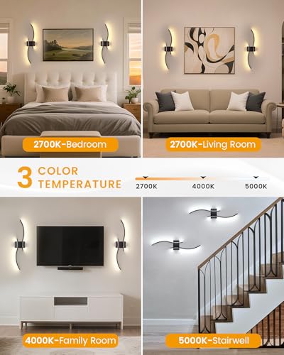 Image of NIORSUN 27.6 Inch Battery Operated Wall Sconce Set of 2, Black Modern Rechargeable Wall Lights with Remote, 3CCT Dimmable Wireless Wall Lamp for Living Room Bedroom Hallway