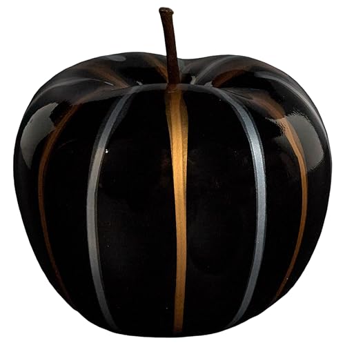 HOME DECO FACTORY - HD0527 - Statue Décorative Pomme en Céramique avec Rayures Élégantes Noires - Dorées et Argentées - Parfaite pour Un Intérieur Chic...