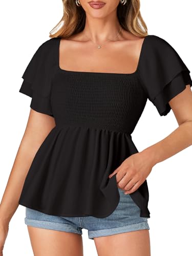 LYANER Women’s Square Neck Smocked Peplum Top Ruffle Short Sleeve Babydoll Shirred Blouse