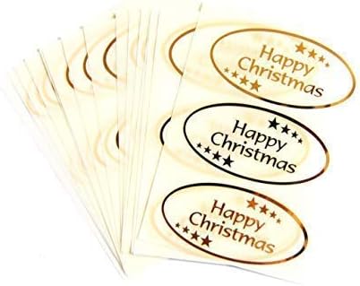 Pack of 24 Happy Christmas Stickers, Bright Shiny Gold on Clear Transparent - Labels for Cards, Festive Craft and Decoration
