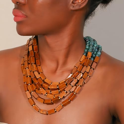 Wooden Beaded Layered Necklaces for Women,Turquoise Bohemian Chain,Statement Necklace for Women2