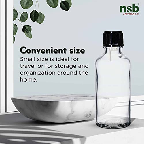 Image of nsb herbals 50 ML Clear /Transparent Round Empty Glass Bottle + Euro Dropper + Black Cap, Refillable, Leak Proof For Essential Oils, DIY Perfumes (Pack of 6)
