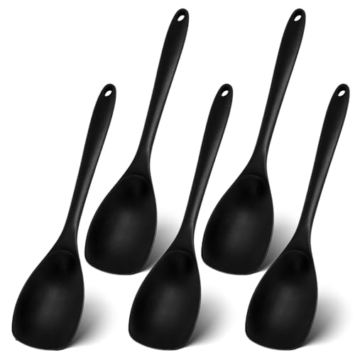 Lot de 5 Cuillères de Cuisine en Silicone Antiadhésive Noires, 27,5 cm Spatule à Cuillère en Silicone, Résistante à la Chaleur jusqu'à 210 °C, Longue...