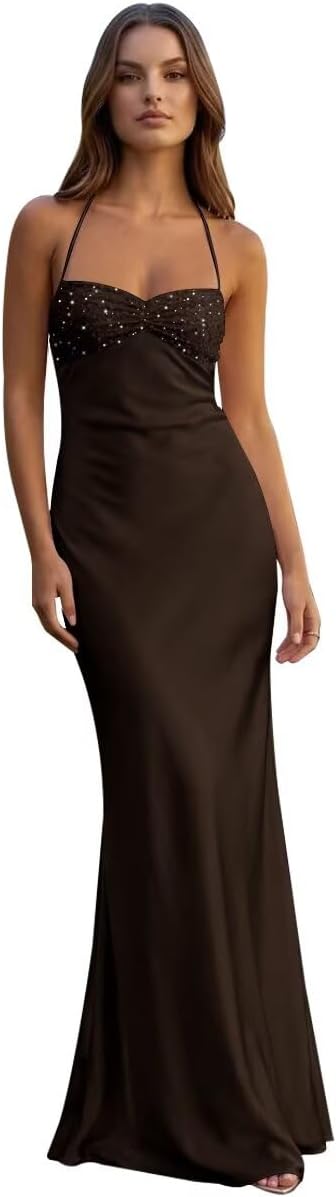Women's Sequin Sexy Spaghetti Straps Prom Dress 2026 Glitter Satin Backless Evening Party Dresses KN101