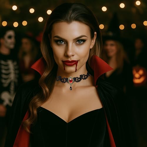 Gothic Black Choker Lace Necklace Royal Court Vampire Choker Necklace with Red Rhinestone and Black Teardrop Pendant Halloween Costume Jewelry for Women3