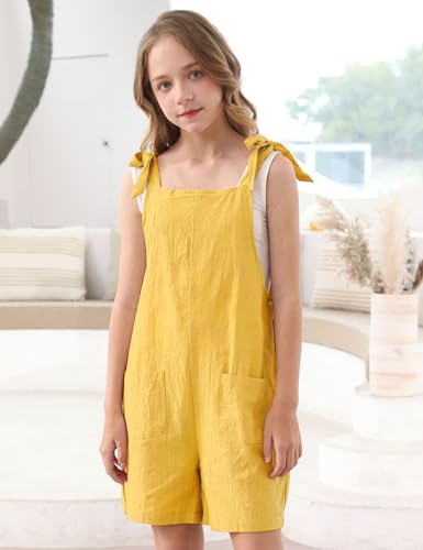 Image of Girls Romper Sleeveless Adjustable Tie-Up Strap Short Jumpsuits Summer Clothes with Pocket 5-12 years