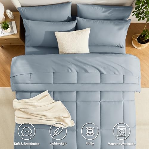 CozyLux Queen Comforter Set Grayish Blue, 7 Pieces Bed in a Bag, Blue Comforter Queen Size, All Season Bedding Sets with Stitch Quilted Comforter, Flat Sheet, Fitted Sheet, Pillowcases