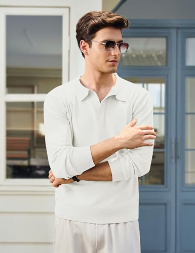 Cotrasen Polo Sweater Men Long Sleeve V Neck Casual Collared Pullover Sweater Textured Ribbed Lightweight2