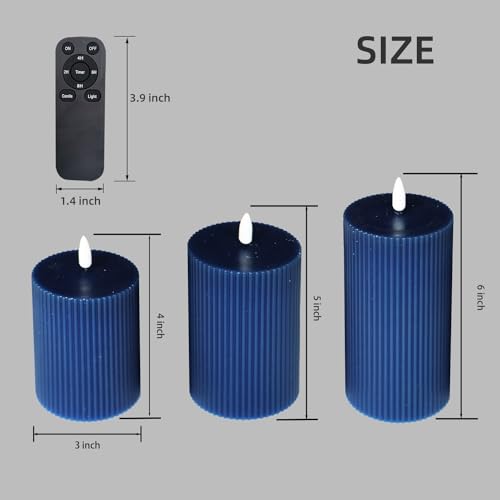 Image of 3 Pack Wax LED Flameless Candles with Remote Real Wax Battery Operated Electric Pillar Candle Set with Vertical Stripes 3D Black Wick for Home Party Wedding Decorations, Navy Blue, D 3 x H 4 /5 /6 inch