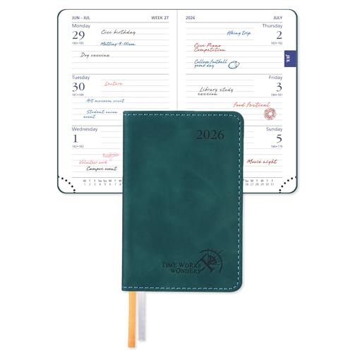 POPRUN Mini Pocket Diary 2026 A7 Week to View 12 x 8 cm, Palm-sized Slimline Calendar 26 Weekly Planner with 70 gsm Paper, PU Leather Soft Cover(Peotrol Green)