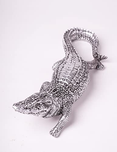HAUCOZE Crocodile Statue Gifts Animal Figurine Arts Modern Sculpture Home Decor Table Centerpiece Crafts Polyresin Ornament Silver 36cm - Image 2