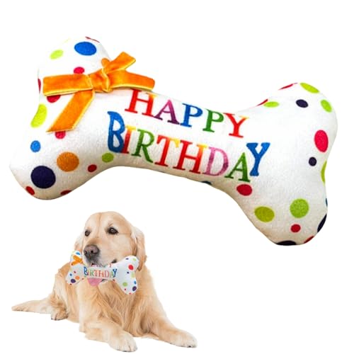 Dog Birthday Toy Plush Bone – Fun Interactive Pet Squeaky Present for Small to Medium Dogs – Soft Rainbow Birthday Celebration Gift with Hidden Squeaker – Perfect Party Favor for Special Occasions