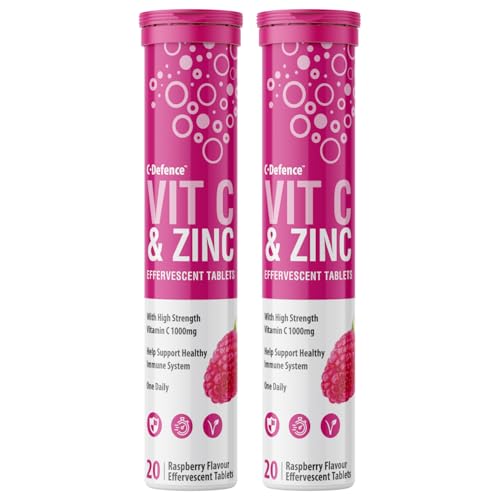 Vitamin C 1000mg & Zinc 15mg Raspberry Flavour Effervescent Tablets - High Strength Tablets for a Healthy Immune System (2 Tubes)