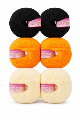 Image of Vardhman BabySoft Knitting Yarn | 100% Acrylic Wool | 4 Ply | Thin Knitting & Crocheting Hook Thread & Lightweight | Special Baby Wool | 150 Grams (6 Balls of 25g) | Machine Washable | Ideal for Blankets, Hats, Booties Ultra-Soft for Baby Sweaters, Blankets, Caps, Socks, Soft toys, Art & craft (Orange 90 + Cream 42 + Balck 21)