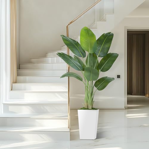 Image of Lifelike Bird of Paradise Artificial Plant 6ft Faux Banana Leaf Tree with White Tall Planter for Home Decor - Perfect Indoor Silk Floor Plant for Living Room, Office, and Bedroom Ambiance Enhancement