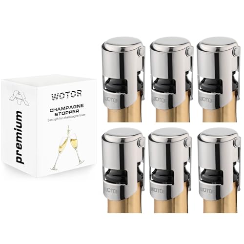 WOTOR Champagne Stoppers Stainless Steel, Prosecco Bottle Stopper with Food Grade Silicone, Reusable Champagne Cork & Saver, Leak proof Keep Fresh (Silver, 6 Pack)