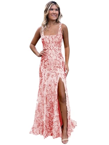 GUKARLEED Women’s Sequin Prom Dresses Sparkly Long Formal Dress Square Neck Appliques Satin Lace Wedding Guest Gown with Slit