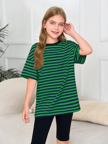 Image of Haloumoning Girls Striped Short Sleeve T Shirts Kids Summer Oversized Tops Casual Crewneck Tees 5-14 Years