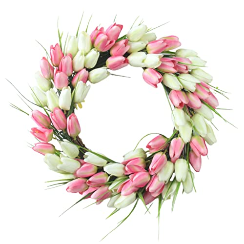 YQYAZL 40 cm Tulpen-Kranz, Türkranz, künstliche Blume, Tulpen, Blumenzweigkranz, Frühlings-Seidenkranz für Haustür, Hochzeit, Fenster, Wand, Heimdekoration, Rosa A Cover