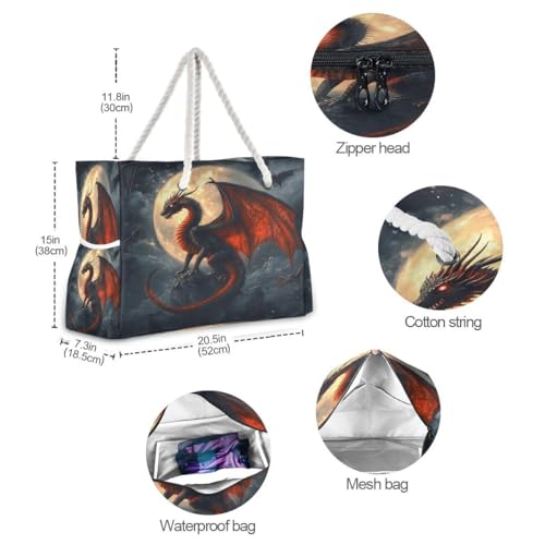 Large Beach Bags Totes Canvas Tote Shoulder Bag Red Dragon Water Resistant Bags for Gym Travel Daily4