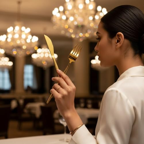 Image of 24 Pcs Gold Slim Handle Stainless Steel Cutlery Set for Dining Table with Spoons and Forks Set + Butterknives - The Perfect Tableware /Flatware