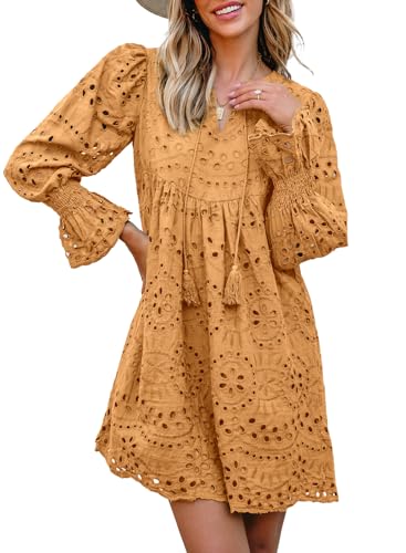 Image of Dokotoo Womens 2026 Boho Dress Tassel V Neck Long Sleeve A Line Casual Hollow Out Lace Ruffle Party Dresses