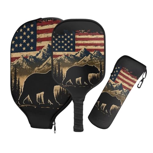 TSOVTHRID American Flag Bear Pickleball Paddles Set 3PCS Paddle Cover Lightweight Fiberglass Rackets with Cushion Comfort Grip Pickleball Bag Pickleball Rackets for Adults and Teenager