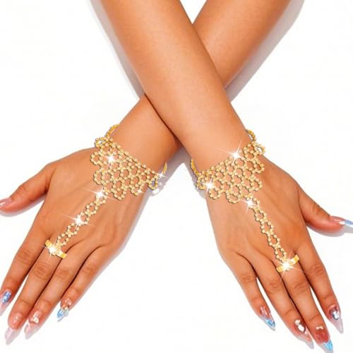 GORTIN Gold Rhinestones Fingerless Gloves Bridal Gloves for Wedding Glitter Crystal Prom Hand Chain for Women (A-Gold Free size)