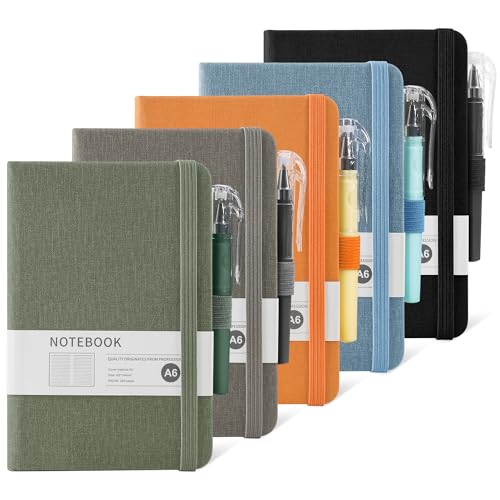 miikoul Small Pocket Notebook Journals with Pen, 5 Pack Fabric Texture Hardcover Lined Notebooks A6 Portable Notepad for Note Taking Back to School Supplies 5.7" X 4", 200 Pages