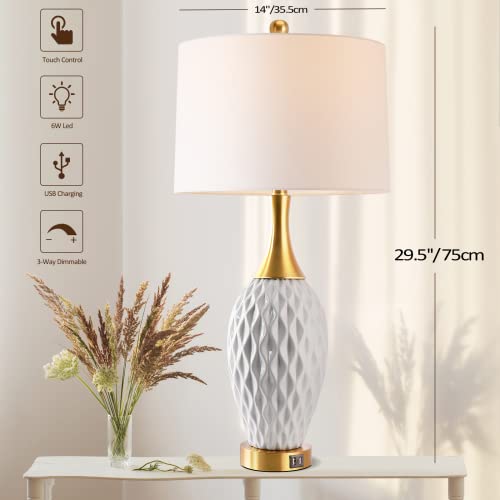 Tall Ceramic Table Lamp With Usb Port, Touch Control 3-Way Dimmable Bedside Lamp With Wave Geometric, Nightstand Lamp With White Shade And Gold Base For Living Room Bedroom, 29.5'', No Need Assemble #TOP1