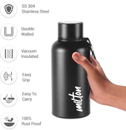 Image of Milton Aura 500 Thermosteel Water Bottle 500 ml, 24 Hr Hot and Cold I Leak Proof Lid, ISI Certified I Vacuum Insulated I for Office, Gym, School I Black