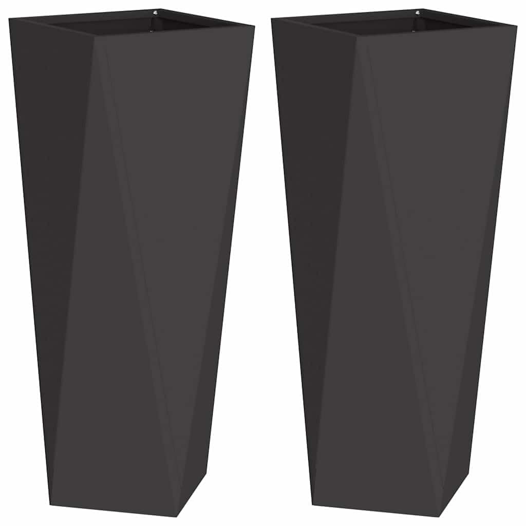 Donica 2 szt Czarny Stal 30x30x75 cm Doniczka Ogrodowa z Falistymi Bokami na Taras Rośliny Ozdobne Wytrzymała na Warunki Atmosferyczne Nowoczesny Design