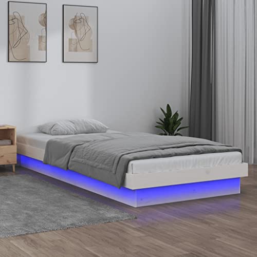 vidaXL Marco de cama individual de madera de pino maciza con luces LED, moderno somier de plataforma en acabado blanco, se adapta a colchones de 90 x 200 cm