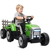HOMCOM Tracteur électrique avec remorque Amovible, Voiture électrique Enfants de 3 à 6 Ans avec télécommande MP3 Musique Affichage lumières et Ceinture de sécurité, 12V 3 6 km/h, Vert