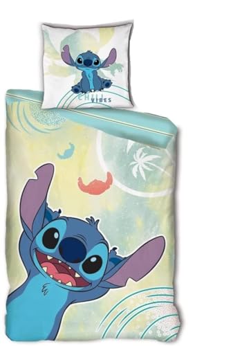 Disney Stitch - Juego de Cama (100% algodón, Reversible, 140 x 200 cm y Funda de Almohada de 65 x 65 cm)