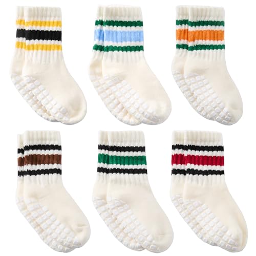 Belsmi Unisex Baby Boys Girls Grip Socks with Non-Slip, Retro Stripe Crew Warm Winter Thick Cotton Socks for Toddler, 6 Pairs (US, Age, 3 Months, 12 Months, 6 Pairs Striped)