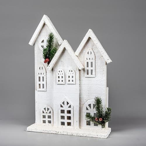 SHATCHI 35cm Battery Powered Warm White LEDs Wooden House Snow Covered Cottage Village Indoor Christmas Decorations, Wood SHATCHI 35cm Battery Powered Warm White LEDs Wooden House Snow Covered Cottage Village Indoor Christmas Decorations, Wood