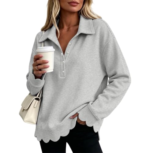 Sweatshirts for Women Scalloped Half Button Oversized Casual Pullover Tops - image 5