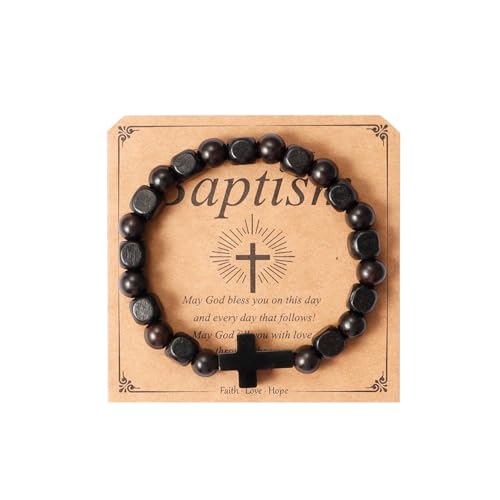 Eigso Herr kristen gåva kors länk armband trä mala-pärlor handgjorda bön armband för man kvinna, 7.28 inches, Trä, Ingen ädelsten