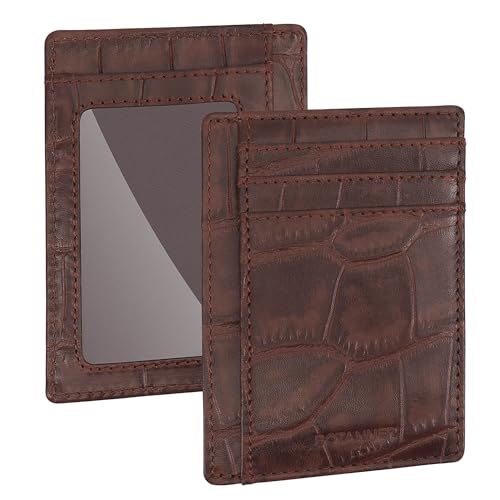 Genuine Leather Slim RFID-Blocking Card Holder – Croc-Embossed Design with 3 Card Slots, 1 ID Window, 2 Extra Pockets, and a Note Section | Unisex (Chocolate brown)