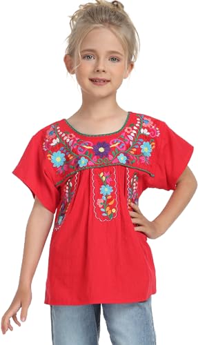 Image of YZXDORWJ Mexican Blouse for Girls Traditional Embroidered Summer Short Sleeve Peasant Blouse for Kids